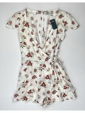 NWT Hollister Floral Wrap Romper Womens XS White Red Ruffle Flutter Sleeve